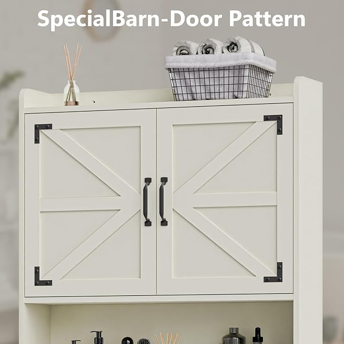 Vabches Over The Toilet Storage Cabinet, Farmhouse Storage Cabinet Over Toilet with 2 Barn Door & Toilet Paper Holder Stand,Home Space-Saving Toilet Rack, for Bathroom, Restroom, Laundry