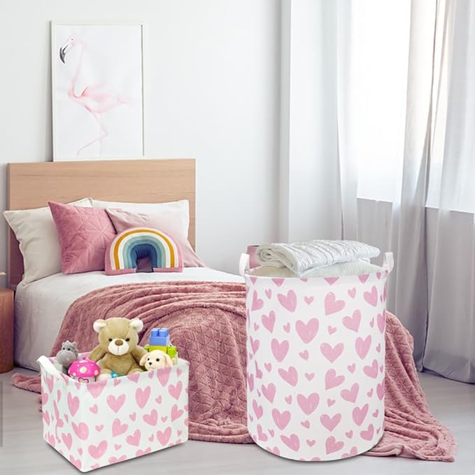Pink Heart Laundry Hamper, Laundry Basket, Girls Nursery Hamper,Waterproof Storage Bin for Bedroom,Clothes Organizer Basket, Room Decor(Pink Heart)