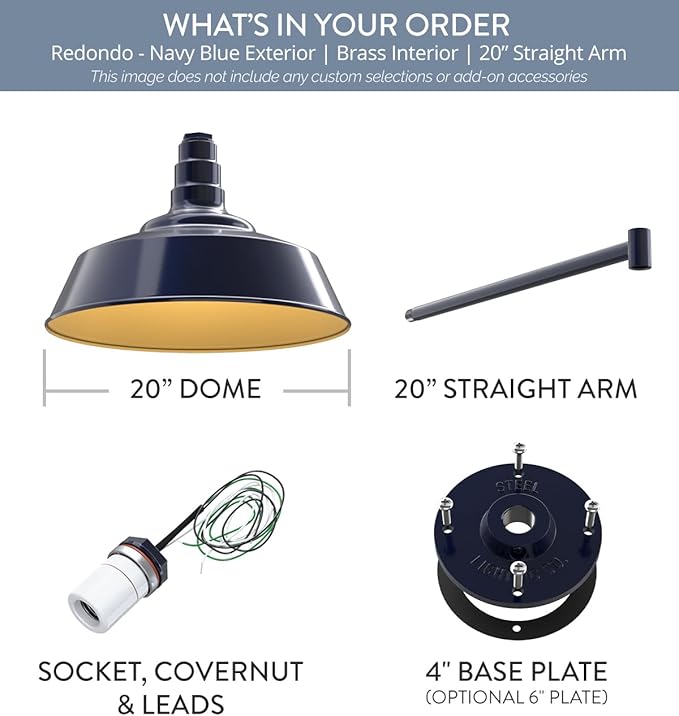 Steel Lighting Co. Redondo Barn Light | Outdoor Wall Mounted | 20 inch Dome | 20" Straight Arm | Large Farmhouse Warehouse Light Made in America | Navy Blue Exterior/Brass Interior