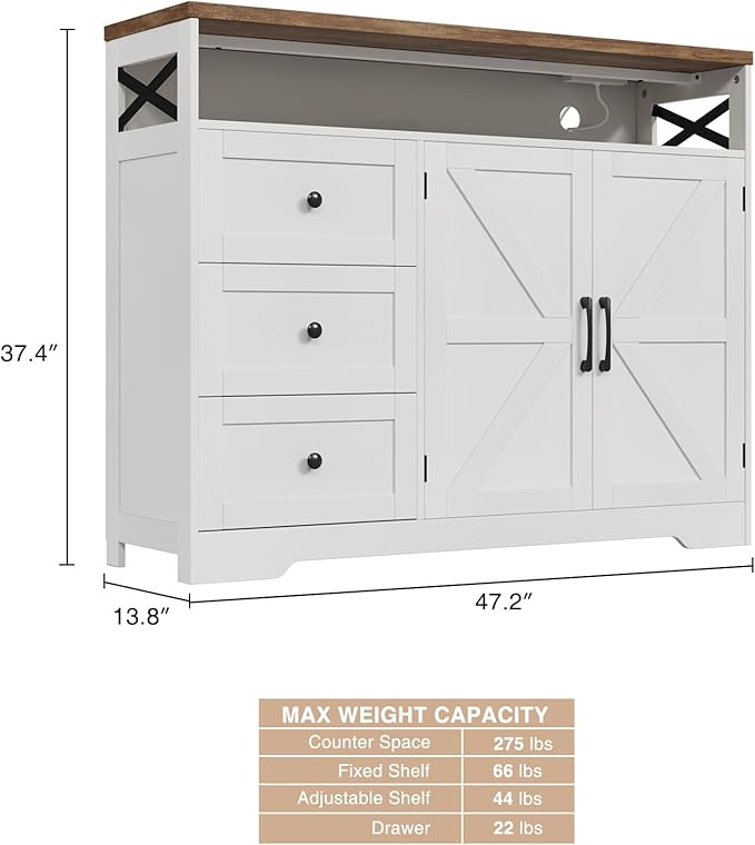 47" Antique White Storage Cabinet with Doors and Drawers, Farmhouse Sideboard Buffet Cabinet with Storage, Kitchen Pantry Hutch, Coffee Bar Station Table for Kitchen, Livingroom, Dining Room