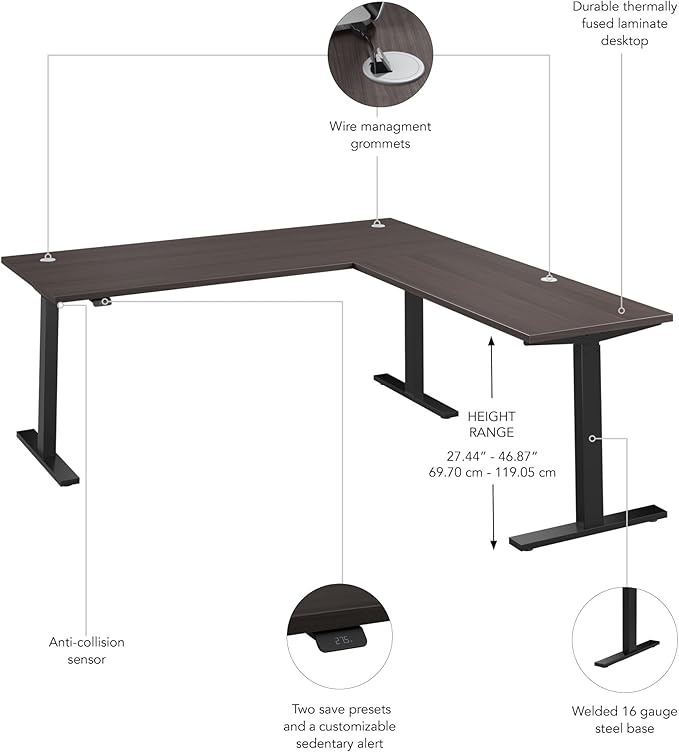 Bush Business Furniture 72-inch Height Adjustable L Shaped Standing Desk, Electric Sit-Stand Corner Computer Table, Ergonomic Office, Move 60 Series, Storm Gray with Black Base