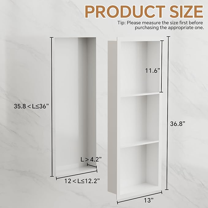 3-Tier Stainless Steel Shower Niche Insert, 36'' * 12'' No Tile Needed Bathroom Niche for Shower Wall, Recessed Wall Cabinet Shelves for Drywall, Living Room, in Wall Shower Shelves, White