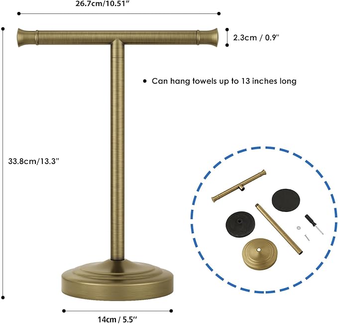 RUMOSE 13 Inch Antique Brass Towel Bar Stand Hand Holder Bathroom Kitchen Vanity Countertop T-Shape Towel Rack Free Standing Stainless Steel