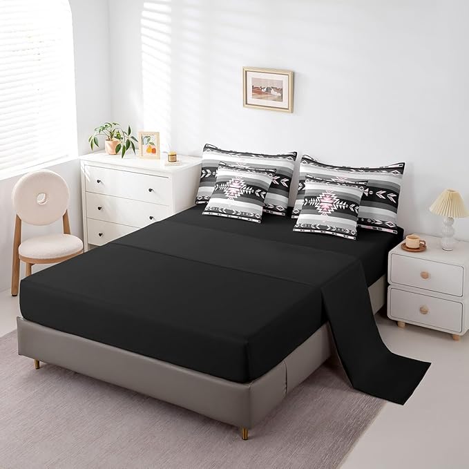 Southwest Native American Bedding Set Twin Southwestern Geometric 7 Piece Bedding Set Decor Tribal Pink Grey Black Bed Set Includes Comforter, Sheet Set, Pillowcases & Pillow Covers Modern Art Bedroom