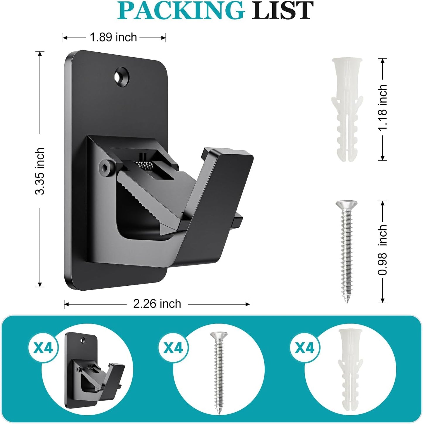 Adhesive No Drill Curtain Rod Brackets - Heavy Duty 30LB Holders for Bathroom Bedroom Kitchen, Universal Damage-Free Window Rod Hooks with Nail-Free Installation (4PC Black)