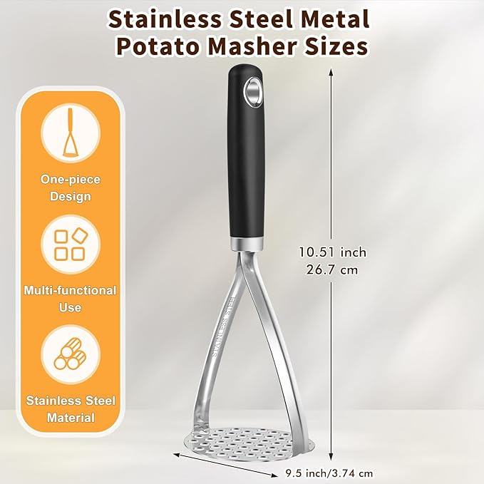 Heavy Duty Stainless Steel Potato Masher, Sturdy Metal Potato Smasher with Silicone Handle, High Heat Resistant Cooking Utensils for Kitchen Use, Dishwasher Safe, Easy to Clean, Silver