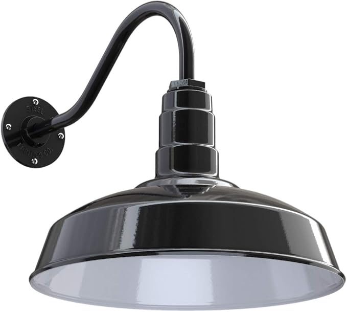 Steel Lighting Co. Gardena Barn Light | Outdoor Wall Mounted | 16" Dome | 16" Gooseneck | Farmhouse Light Made in America | Black Exterior/White Interior