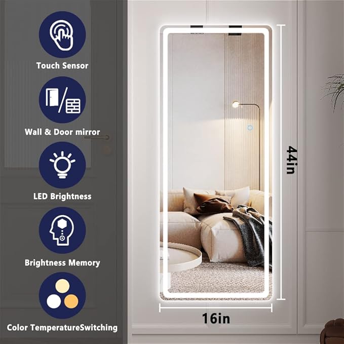 Hasipu LED Door Mirror Full Length, 44.1" x 15.8" Lighted Over The Hanging, Full Body Wall Mounted, Light Up Long Dressing, Round White
