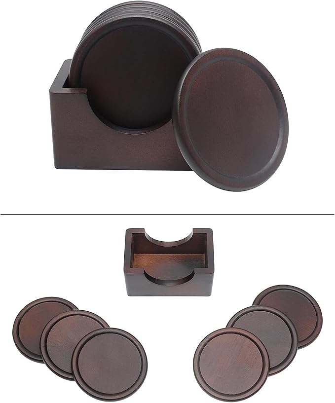Mu&Ti Walnut Black Wood Coaster, Natural Wooden 6-Piece Coaster, with Stand, for Organic Dinner Decoration Core on Home Desk