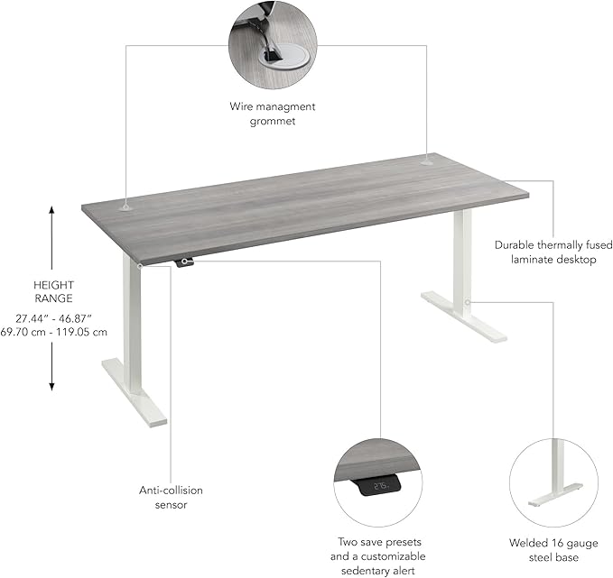 Bush Business Furniture 72-inch Electric Height Adjustable Standing Desk, Ergonomic Sit-Stand Computer Table for Home and Professional Office, Move 60 Series, Platinum Gray with White Base