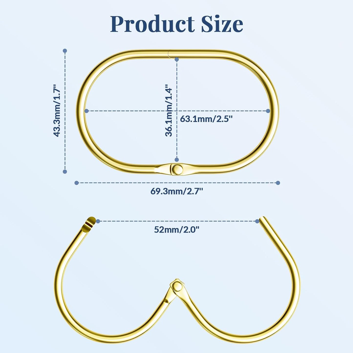 Shower Curtain Rings Gold Shower Curtain Hooks Anti-Drop Shower Rings for Curtain, Metal Shower Curtain Rings Rust Proof, Shower Hooks for Shower Curtain Rod, 12 Pcs Gold Curtain Rings