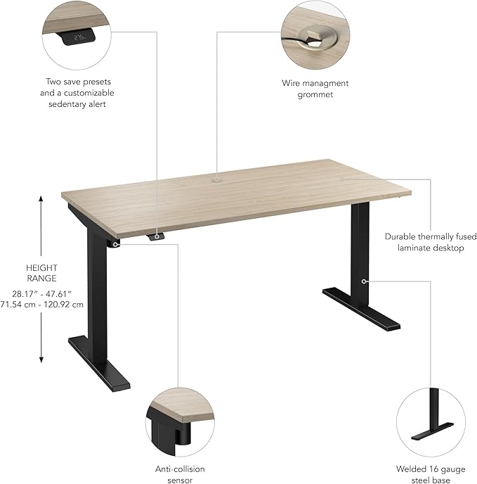 Bush Business Furniture Move 40 Series 60W x 30D Electric Height Adjustable Standing Desk in Natural Elm with Black Base, Ergonomic Sit-Stand Computer Table for Home and Professional Office