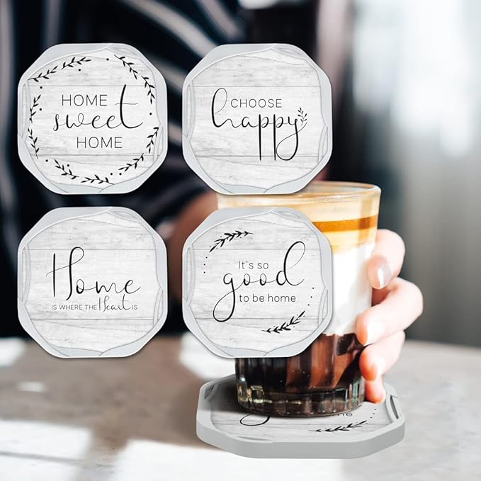 UMIRRO Absorbent Drink Coasters, Housewarming Gifts for New House, Sweet Home Decor, Rustic Farmhouse Coffee Table Centerpiece, Small Ideas for Women Mom Her Men Dad Him, 4", Set of 4