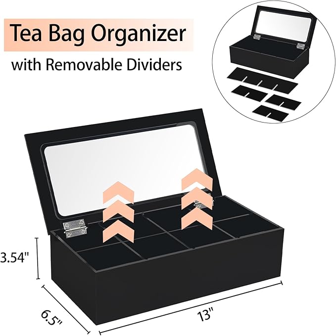 Tasybox Tea Bag Organizer, Acrylic Tea Box with Lid, Tea Packet Holder Storage Container for Home Decor