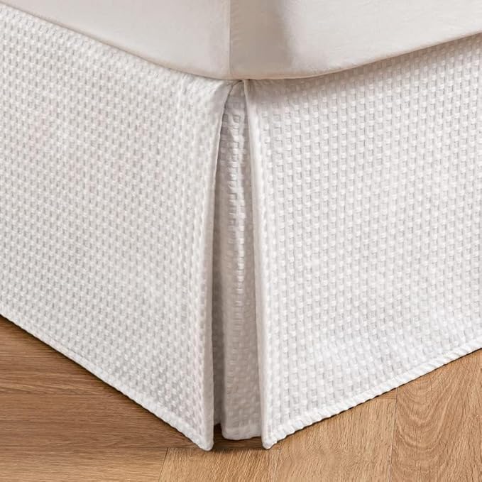 MIYE Pleated Waffle Weave Bed Skirt, Tailored Dust Ruffle 14 Inch Drop Easy Fit, Machine Washable (White, TwinXL - 14" Drop)