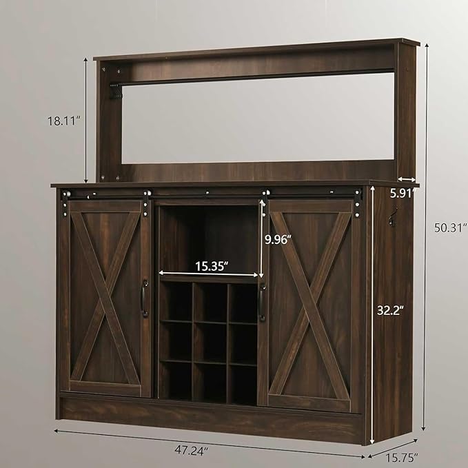 4ever2buy Farmhouse Coffee Bar Cabinet with 9 Wine Racks and 6 Hooks, 47 Inch Wine Cabinet with Storage, Kitchen Buffet Cabinet with Adjustable Shelves for Living Dining Room, Dark Oak