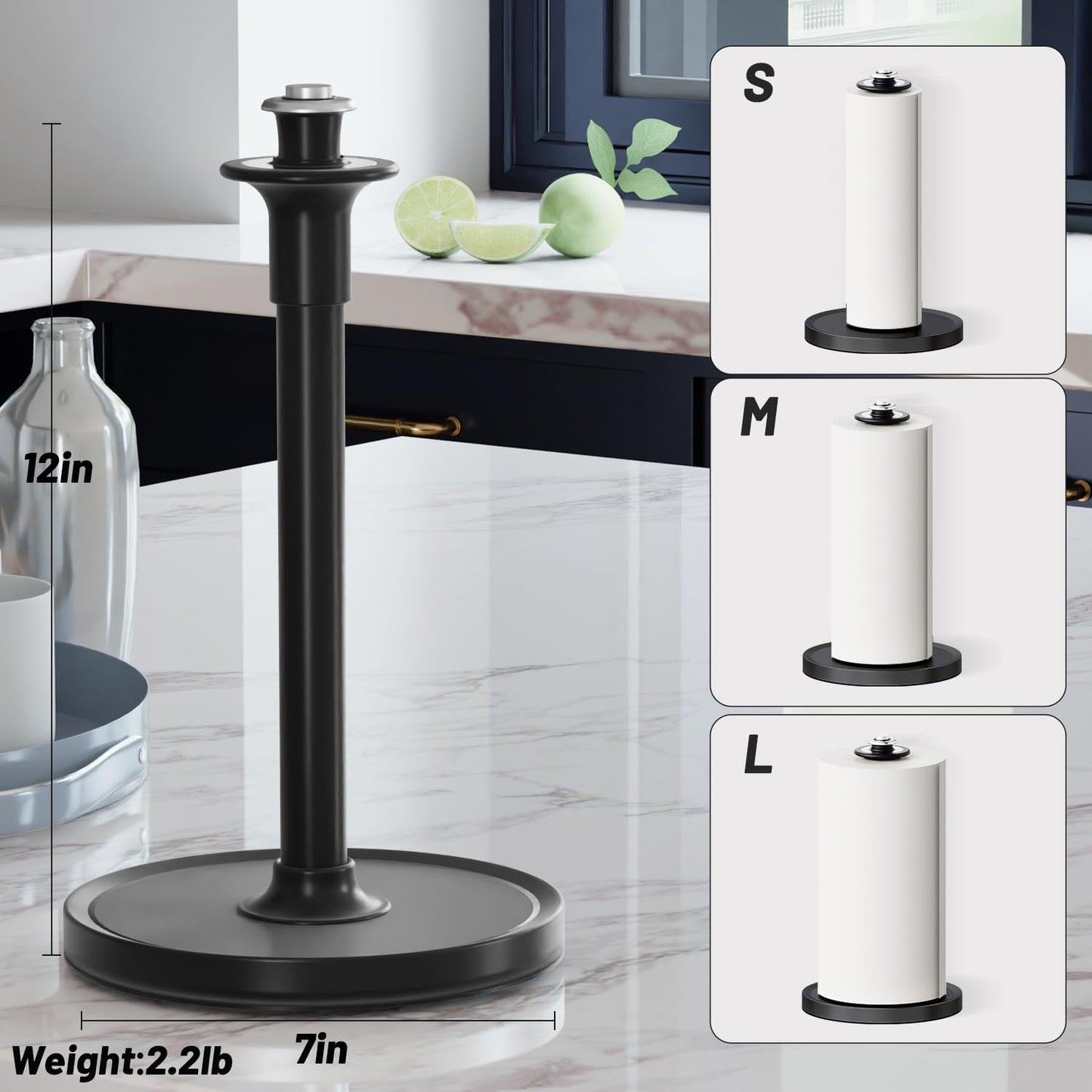 VEHHE Paper Towel Holder Countertop, Black Paper Towel Holder Stand with Spring Damping for Kitchen Bathroom, One Hand Tear Paper Stainless Steel Paper Towel Holder with Weighted Base and Suction Cups