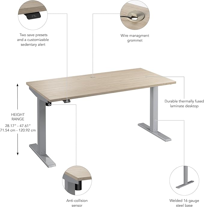 Bush Business Furniture Move 40 Series 60W x 30D Electric in Natural Elm with Silver Base, Ergonomic Sit-Stand Computer Table for Home and Professional Office