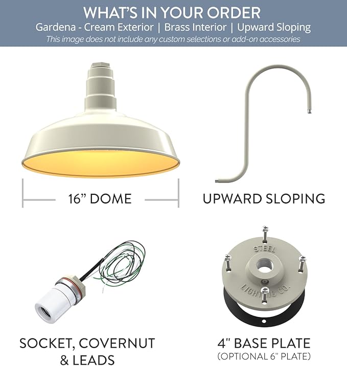 Steel Lighting Co. Gardena Barn Light | Outdoor Wall Mounted | 16" Dome | Upward Sloping Gooseneck | Farmhouse Light Made in America | Cream Exterior/Brass Interior