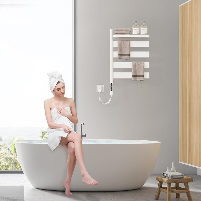 Swivel Heated Towel Rack, Wall Mounted Electric Towel Warmer Rack for Bathroom, 4 Square Bars Swivelable Towel Dryer with Tray, Towel Heater with Built-in Timer, for bathroom, Salons & Spas(G69-White)