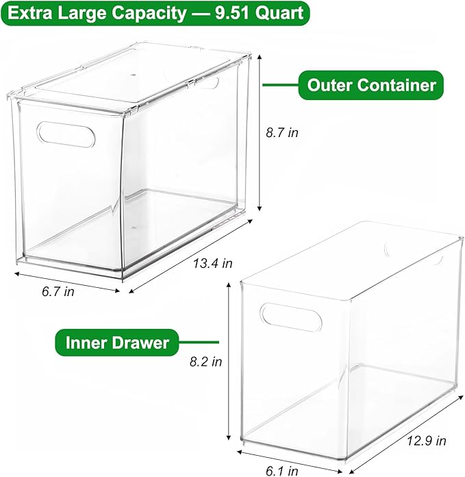 Taiuloo Clear Stackable Storage Drawers - 9.51 Quart Large Plastic Organizer Bins with Pull-Out Drawer, Kitchen Fridge, Bathroom Vanity & Pantry Cabinet Organization