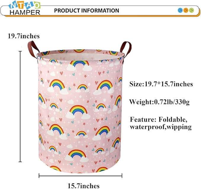 Pink Rainbow Laundry Hamper,Baby Nursery Hamper,Kids Toy Storage Basket for Girls Bedroom,Gift Basket,Room Decor(Rainbow)