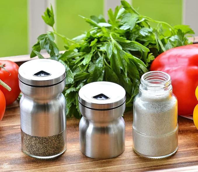 HOME EC Original Salt and Pepper Shakers Set with Adjustable Pour Holes - Glass and Stainless Steel Salt Shaker and Pepper Shaker - Farmhouse Spice dispenser for salts, ground peppercorn and spices