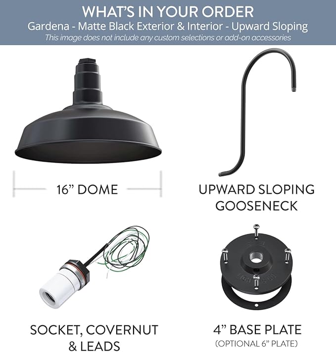 Steel Lighting Co. Gardena Barn Light | Outdoor Wall Mounted | 16" Dome | Upslope Gooseneck | Farmhouse Light Made in America | Matte Black Exterior/Matte Black Interior