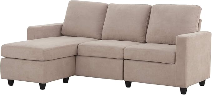 HONBAY L Shaped Couch with Linen Fabric,Convertible, Reversible Sectional Sofa for Small Space, Dark Beige