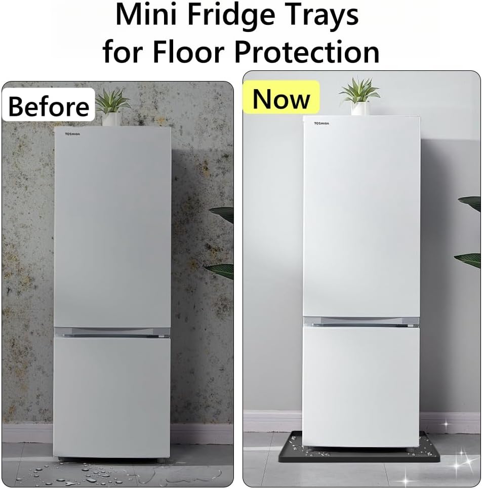 Mini Fridge Silicone Mat with Raised Edges, 24" x 24" x 0.8" Mini Fridge Drip Tray, Mini Refrigerator Carpets Floor Protector (24" Black No Base Raisers)
