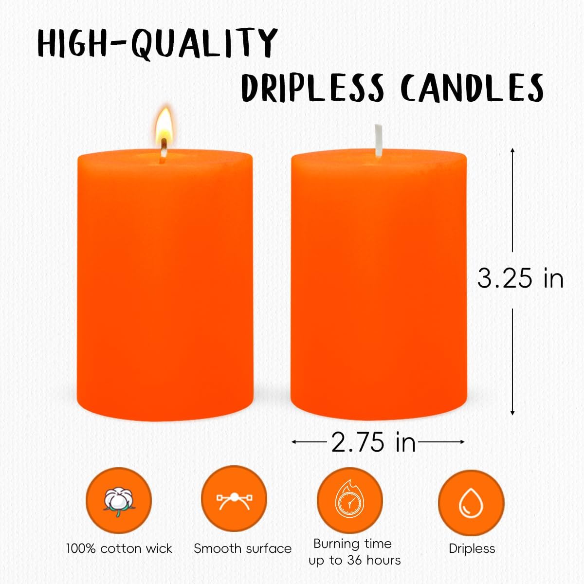 6 Packs 2.75x3.25 Inch Orange Pillar Candles, Unscented Dripless Non-Toxic Smokeless Fall Colored Autumn Cylinder Candles for Thanksgiving Home Dinner Table Decoration Emergency Power Outage
