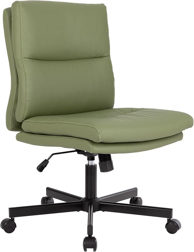 LUCKWIND Armless Office Desk Chair with Wheels, Mid-Back Criss Cross Swivel Task Chair, Height Adjustable Cushioned Vanity Chair, Double Padded PU-Leather Chairs for Home, Office & Bedroom (Green)