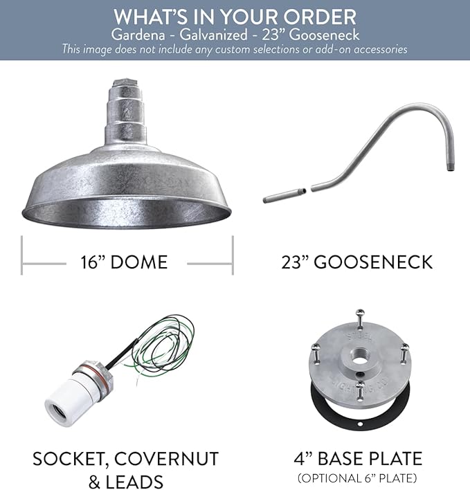 Steel Lighting Co. Gardena Barn Light | Outdoor Wall Mounted | 16" Dome | 23" Gooseneck | Farmhouse Light Made in America | Galvanized Exterior/Galvanized Interior