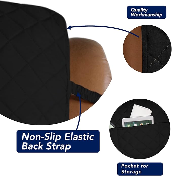 PureFit Reversible Quilted Oversized Recliner Sofa Cover, Water Resistant Furniture Protector, Washable Couch Cover with Elastic Straps for Kids, Pets (Large, Black/Black)