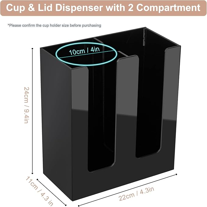 MYITYARD Coffee Cup Holder, Cup and Lid Organizer fits 5 to 16 oz Disposable Paper & Plastic Cups, Cup Dispenser Countertop, Acrylic Cup Storage for Home, Kitchen, Office (2 Compartment)