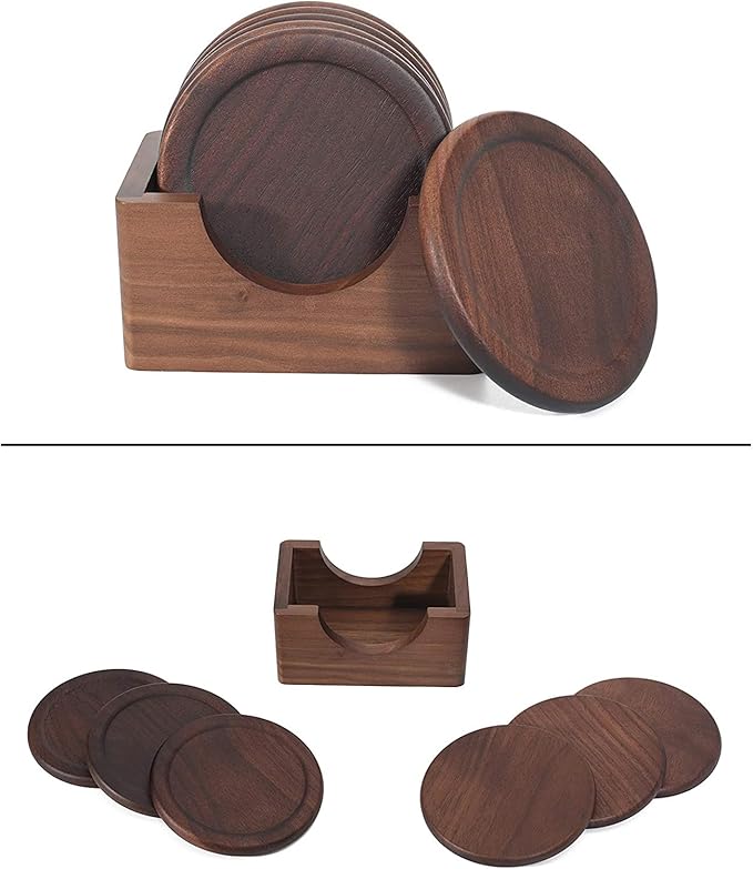 Mu&Ti Classic Walnut Dark Coaster Set of 6 Pieces. Including The Holder Pure Natural Wood and Texture. Wonderful Decor for Dining Tables and Office Tables