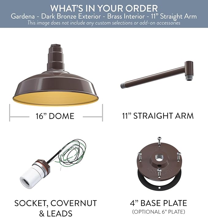 Steel Lighting Co. Gardena Barn Light | Outdoor Wall Mounted | 16" Dome | 11" Straight Arm | Farmhouse Light Made in America | Dark Bronze Exterior/Brass Interior
