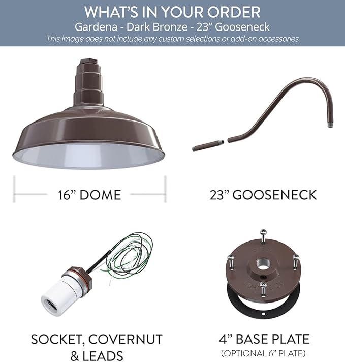 Steel Lighting Co. Gardena Barn Light | Outdoor Wall Mounted | 16" Dome | 23" Gooseneck | Farmhouse Light Made in America | Dark Bronze Exterior/White Interior