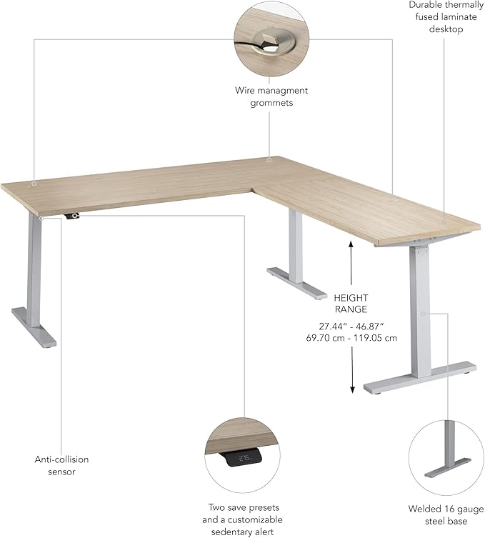 Bush Business Furniture 72-inch Height Adjustable L Shaped Standing Desk, Electric Sit-Stand Corner Computer Table, Ergonomic Office, Move 60 Series, Natural Elm with Metallic Gray Base