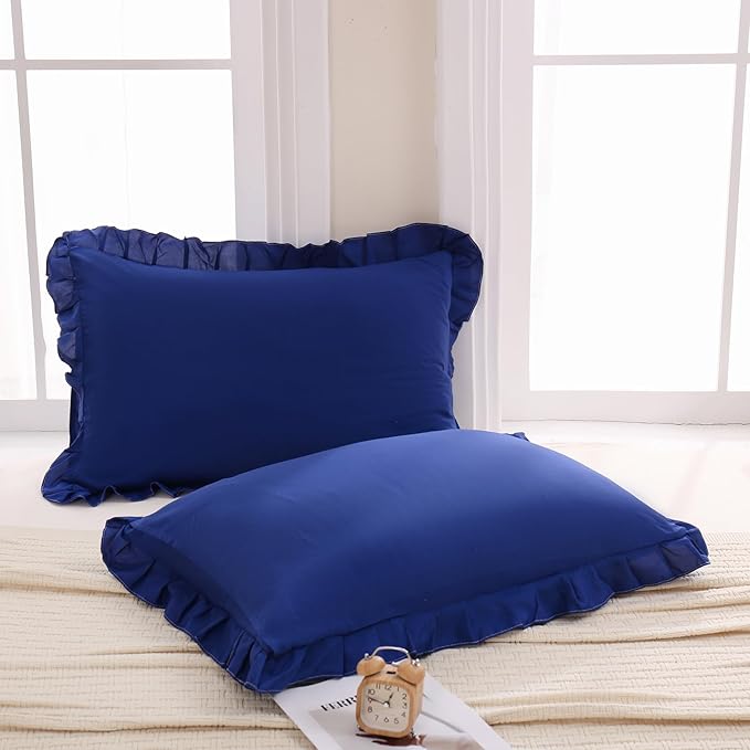 Merryword Navy Blue Pillow Shams Navy Standard Pillowcases Cute Pillow Cover Set of 2 Soft Shabby Chic Ruffled Pillowcases 2 Pack (Queen (20''x30''), Navy Blue)