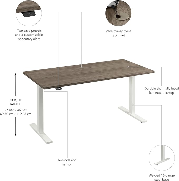 Bush Business Furniture 60-inch Electric Height Adjustable Standing Desk, Ergonomic Sit-Stand Computer Table for Home and Professional Office, Move 60 Series, Modern Hickory with White Base