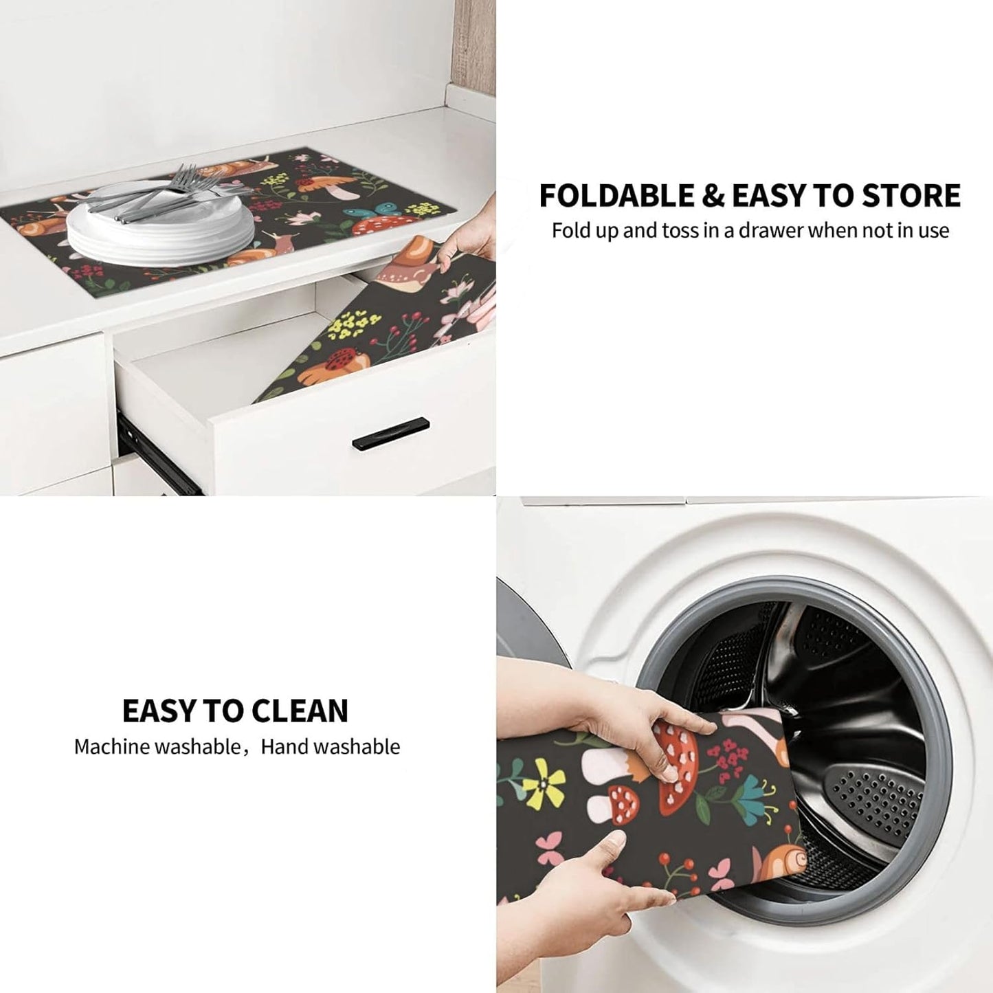 Mushroom Snail Dish Drying Mat 18x24 For Kitchen Counter Absorbent Microfiber Dishes Pad Dish Drainer Rack Mats Fast Dry Kitchen Accessories