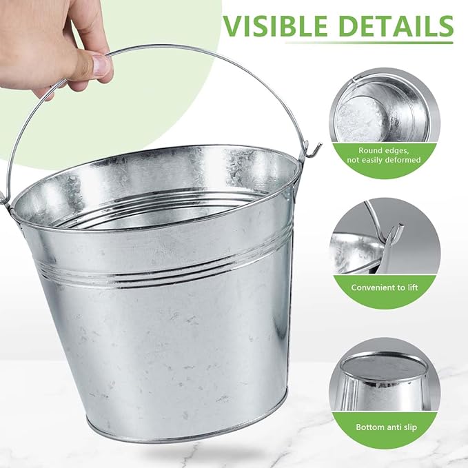 OBTANIM 8 Pack Galvanized Metal Buckets with Handle Ice Pails for Plants, Succulents, Party Favors Organizing, Rustic Home Decor or Classrooms Pencil Storage (9 x 5.9 inch)