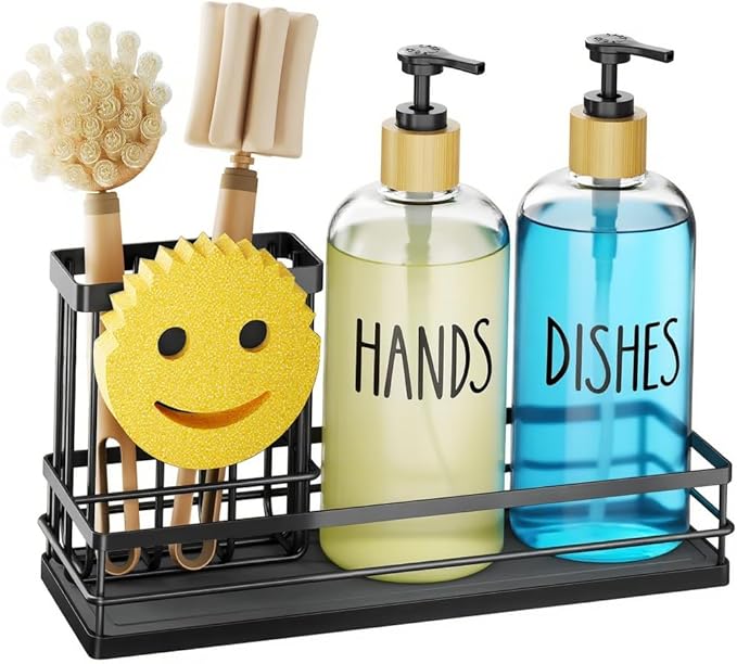 Moforoco Kitchen Dish Soap Dispenser Set, 16OZ Glass Bottle, Hand and Dish Soap Dispenser Set, Instant Dry Tray, Non-Slip Silicone Pad, Brush Holder with Sponge Holder, Kitchen Decor(Clear Bottle)