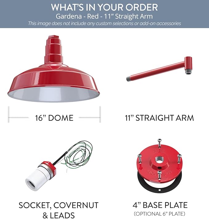 Steel Lighting Co. Gardena Barn Light | Outdoor Wall Mounted | 16" Dome | 11" Straight Arm | Farmhouse Light Made in America | Red Exterior/White Interior
