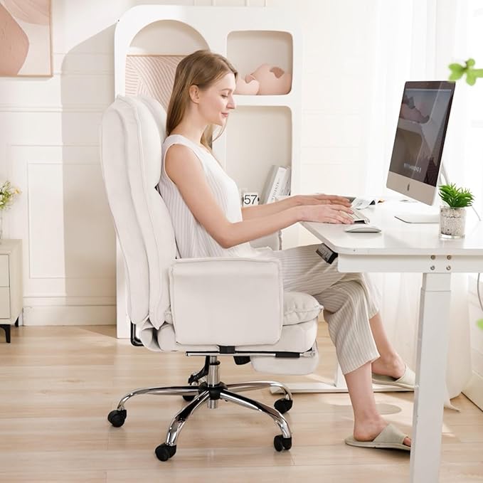 High Back Office Chair, Velvet Shaking Home Office Chairs with Double Layer Cloud Cushion and Retractable Footrest, Adjustable Backrest Women Office Chair, Makeup Chairs for Bedroom (Beige)