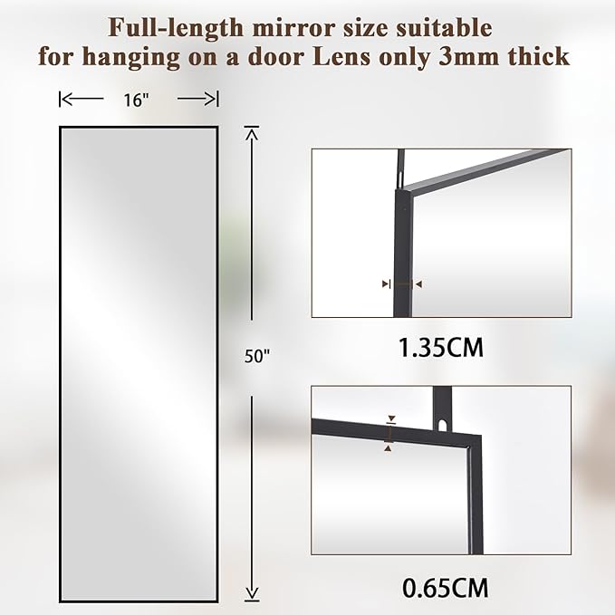 16" x 50" Adjustable Height Over The Door Mirror - Rectangular Full Length Hanging Door Mirror with Shatterproof Tempered Glass Black Metal Frame for Dormitory