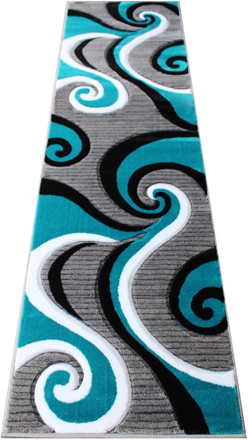 Masada Rugs, Sophia Collection Hand Carved Area Rug Modern Contemporary Turquoise White Grey Black (2 Feet X 7 Feet 3 Inch) Runner