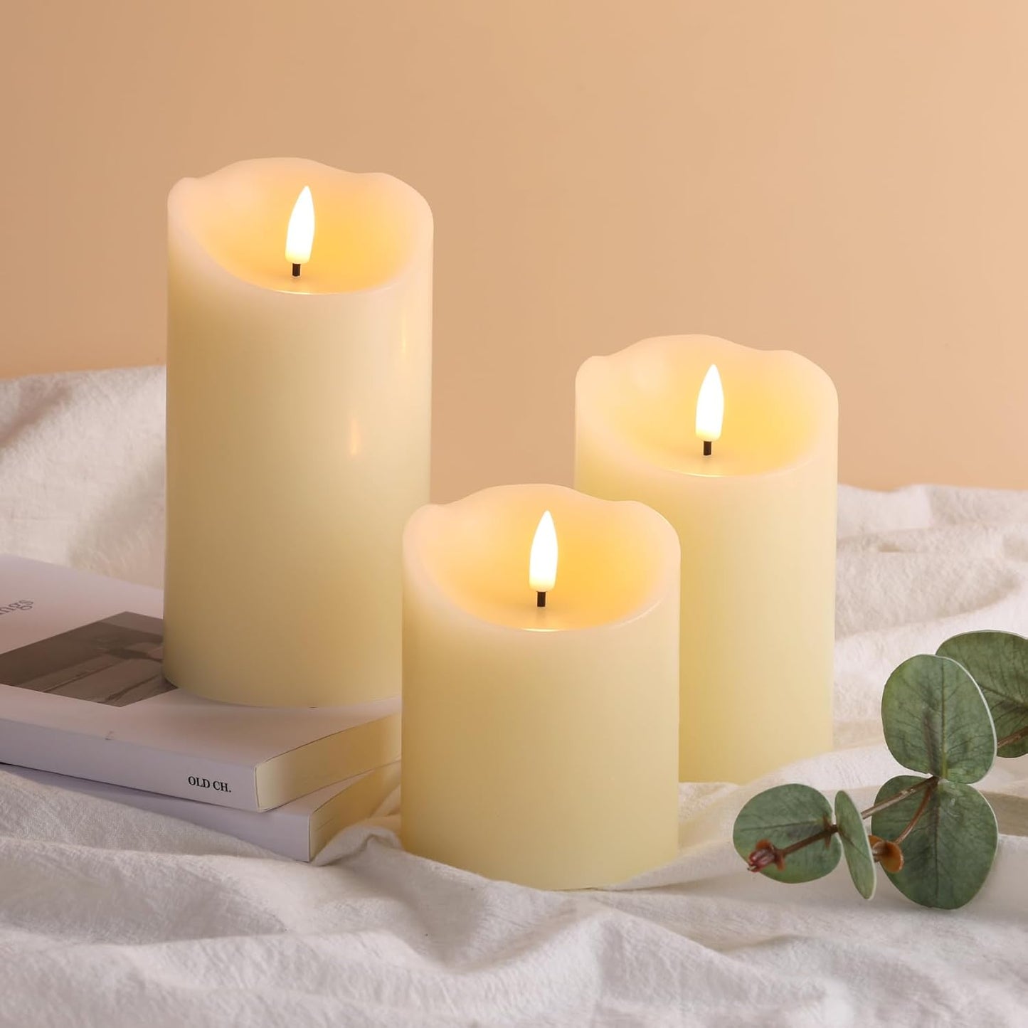 Eywamage Ivory Flameless Pillar Candles with Remote, Flickering Realistic LED Battery Wax Candles Set of 3, Φ 3" H 4" 5" 6"