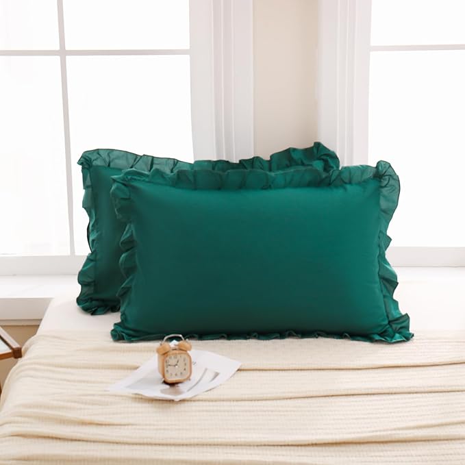 Merryword Dark Green Pillow Shams Green King Pillowcases Cute Pillow Cover Set of 2 Soft Shabby Chic Ruffled Pillowcases 2 Pack (King (20''x36''), Dark Green)